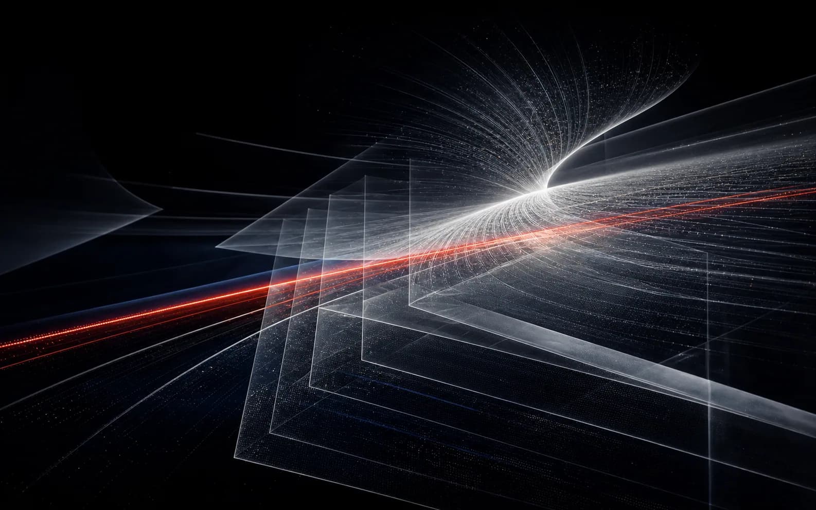 Translucent silver layers crossed by a precise red line