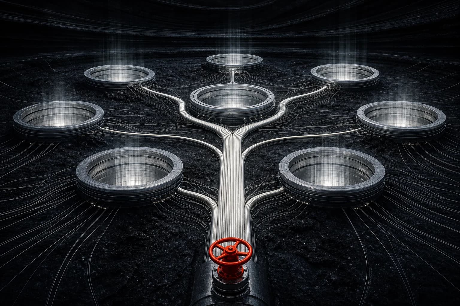 Seven silver compute wells draw light from a shared white procurement rail behind a single red valve