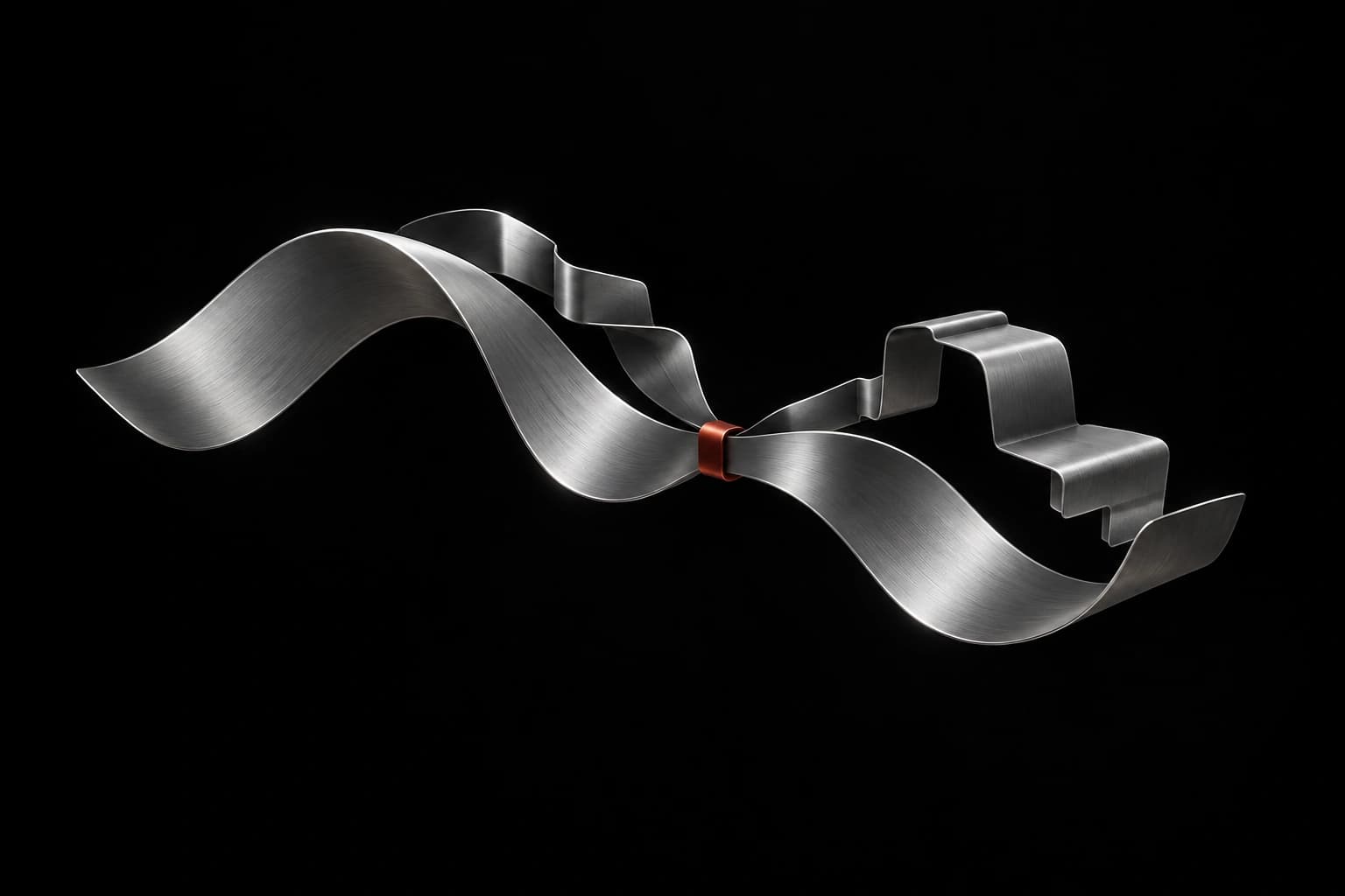 A smooth silver ribbon and a stepped silver ribbon run alongside each other, joined by one small red clasp