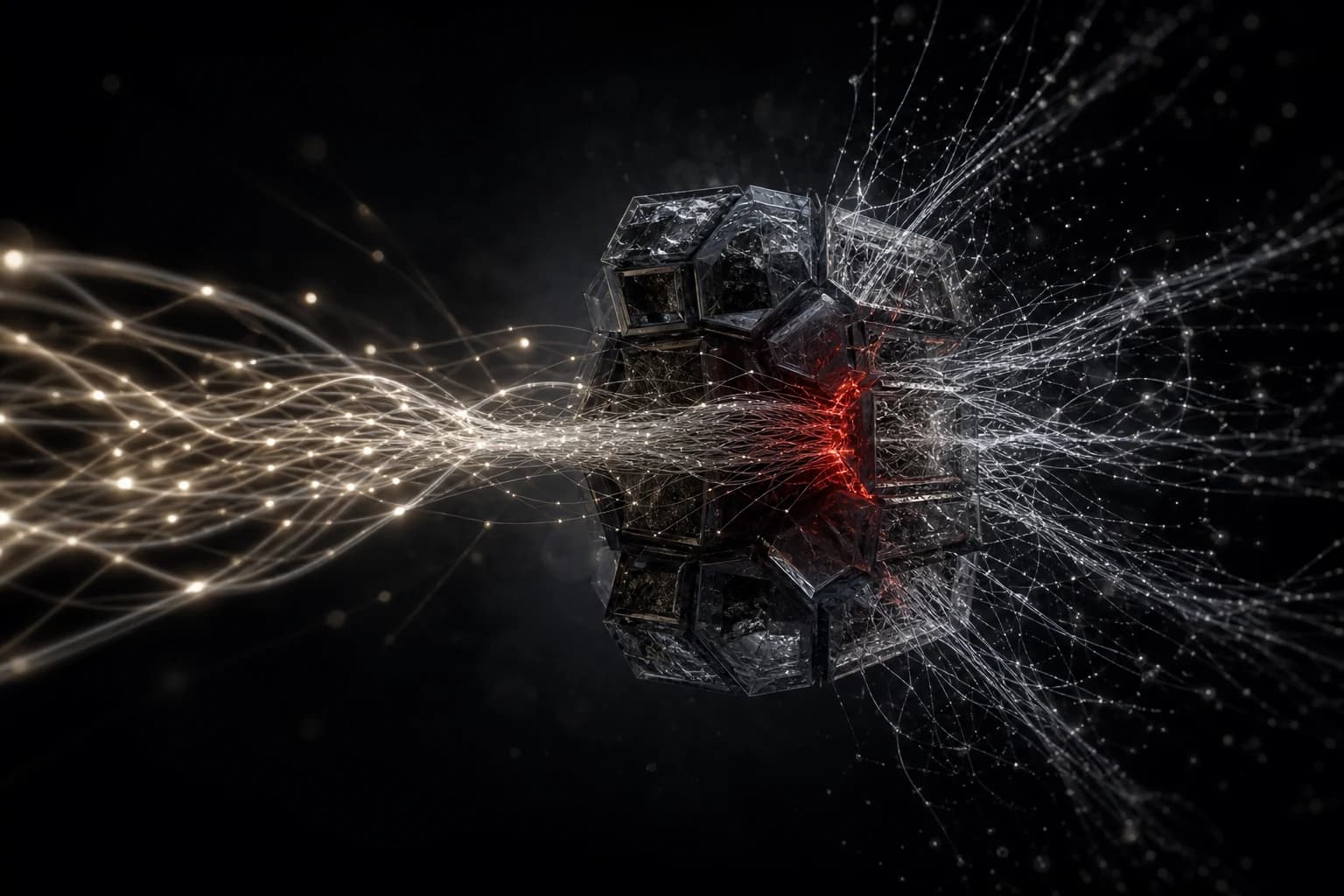 A fractured graphite data core releases branching silver paths as pale filaments converge to reconstruct the breach