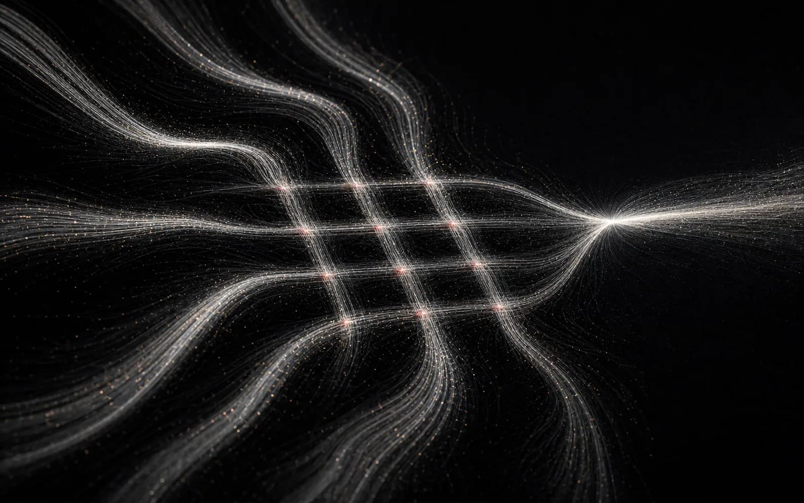A modular silver lattice with glowing red nodes on black