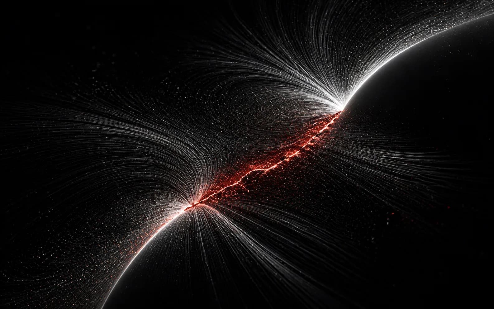 Silver force lines separated by a glowing red fracture